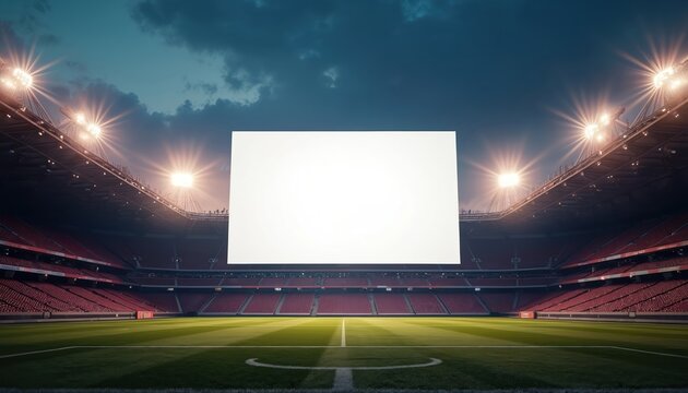 Blank Jumbotron dominates modern stadium at night game. Bright screen displays message, advertisement marketing promotion. Digital billboard template ready publicity in arena, sports, commercial