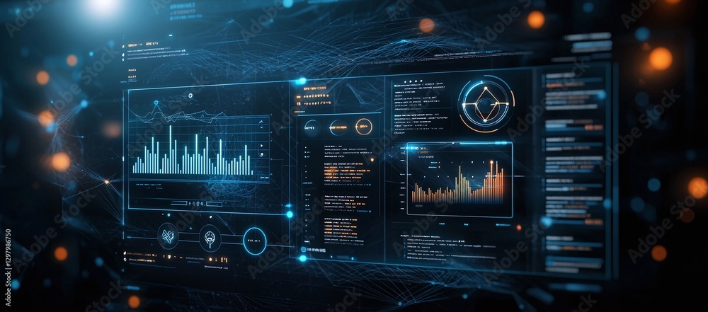 Aufkleber a futuristic digital interface displaying data visualizations and analytics
