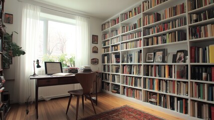 Home office library with floor to ceiling white bookshelves and mid century desk and chair