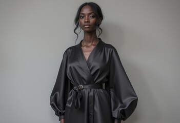 Naklejka premium Woman in black satin robe with belt and minimalist earrings