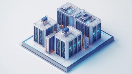 Fototapeta premium A modern, stylized data center featuring multiple server buildings with illuminated elements, set against a clean, minimalist background.