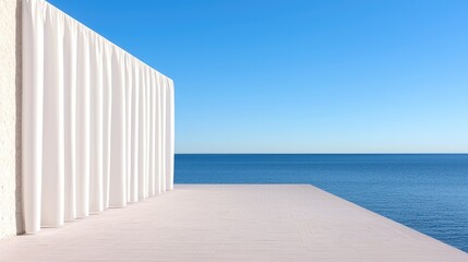 Fototapeta premium Oceanfront patio with white curtain, sunny day