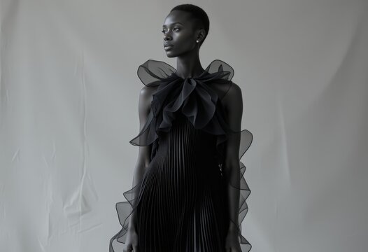  Woman in a flowing black dress with sheer ruffles and a bow on the shoulder