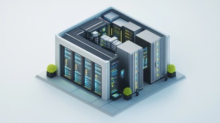 Obraz premium A modern data center illustration featuring multiple server racks, cooling systems, and a clean, futuristic design.