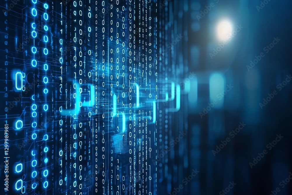 Poster a high-tech abstract representation featuring glowing binary code in blue tones. this digital backgr