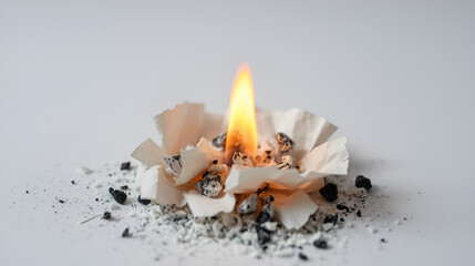 Torn pieces of paper igniting in a small flame, smoke rising, delicate ashes forming, destruction of paper, fire effect