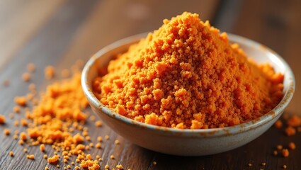 Chicken Salt. Close up bright orange turmeric powder heap in bowl heal