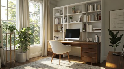 Home office library with floor to ceiling white bookshelves and mid century desk and chair