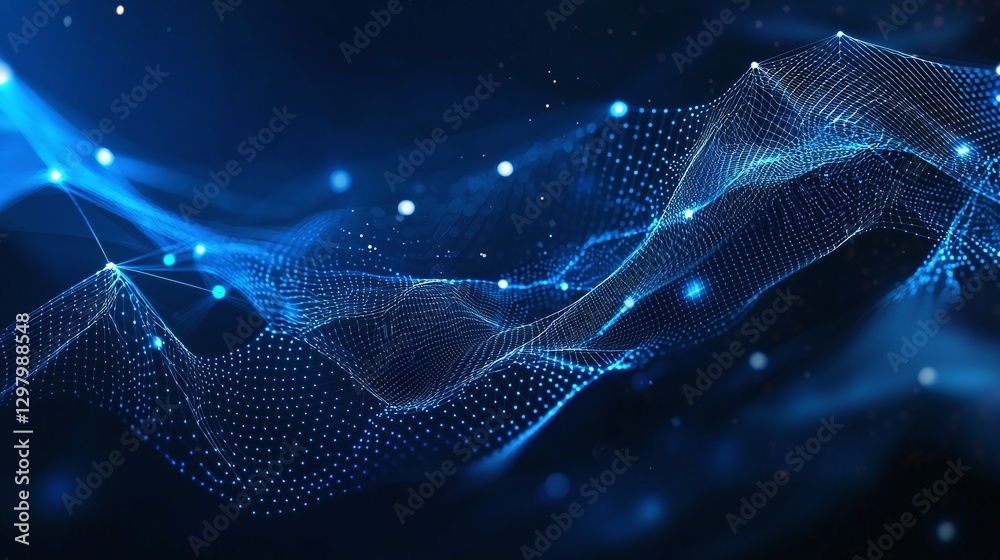Poster a mesmerizing abstract design featuring dynamic waves of blue light and particles, representing data