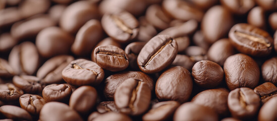 Naklejka premium Cinematic slow-motion capture of roasted coffee beans, showing the deep texture and rich color in macro view.cinematic coffee beans, slow-motion coffee, macro shot, roasted coffee