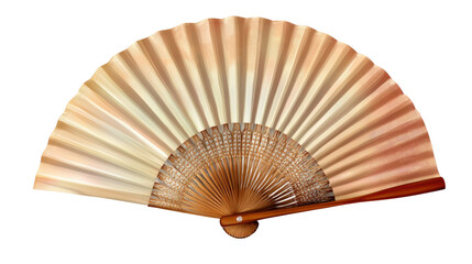 Elegant Folding Fan: This open fan of delicate, ivory paper or fabric is mounted on a wooden frame. An emblem of style, and used to creating a soft breeze.