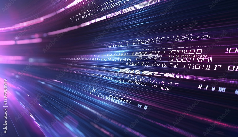 Poster a mesmerizing abstract image featuring dynamic lines of light in hues of purple and blue, representi