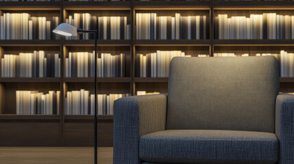 Fototapeta premium Cozy reading nook with armchair and bookshelf illuminated by warm lights