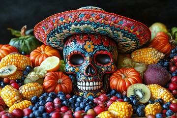 Fototapeta premium A glass with a skull and crossbones surrounded by fresh and healthy food