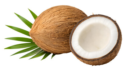 Whole tropical coconut with leaf garnish cut out on white or transparent background