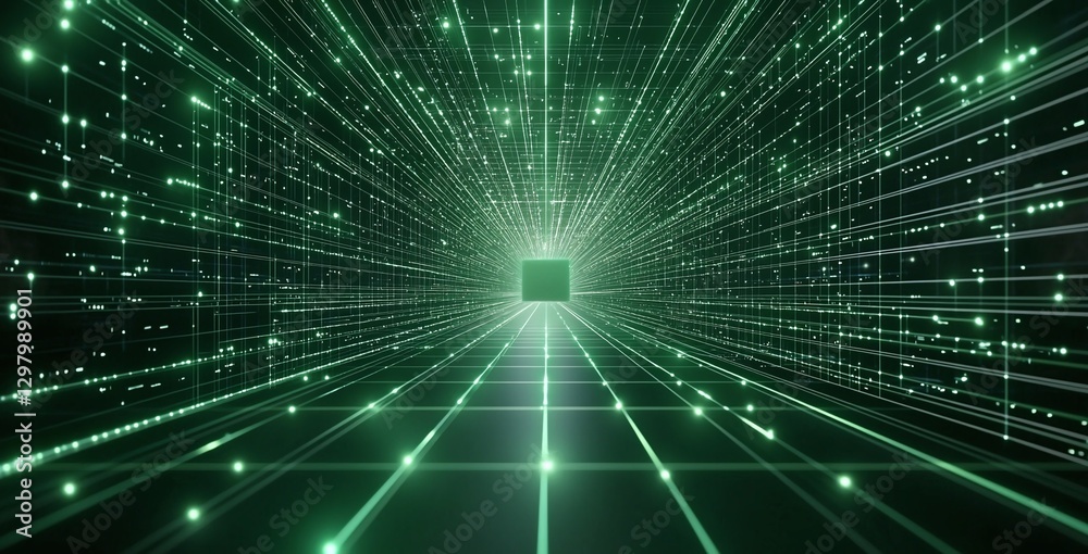 Poster a mesmerizing green digital tunnel representing data streams, illuminated by vibrant lines and parti