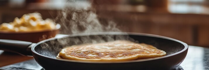 Cooking freshly made pancakes in a skillet with steam rising in a warm kitchen during breakfast time. Generative AI