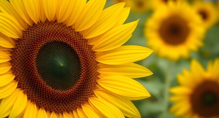 Obraz premium Close-up of a vibrant yellow sunflower with intricate patterns in the center and blurred sunflowers in the background