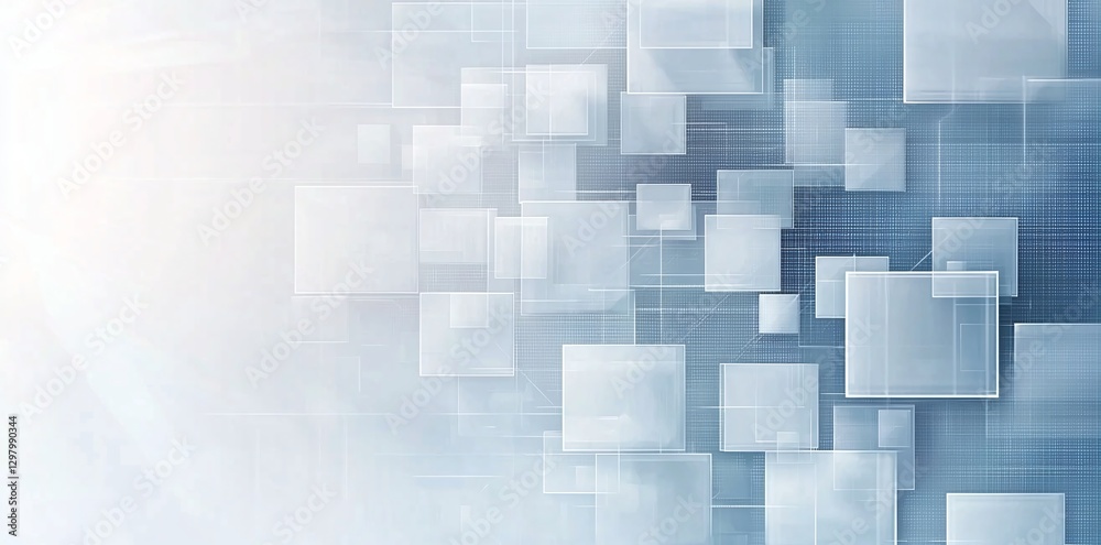 Poster A modern abstract background composed of floating transparent squares on a soft blue gradient. Ideal for tech-related projects, presentations, or digital art displays.