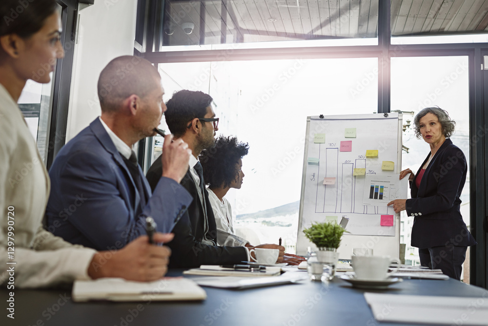 Aufkleber Graph, presentation and sales with business people in meeting for profit margin, chart and stock performance. Planning, brainstorming and financial report with employees in office for data insight