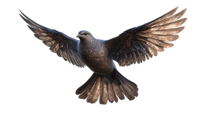 Obraz premium A majestic dove in flight, symbolizing peace and hope, with its bronze-toned feathers and wings spread wide against a pure white background.