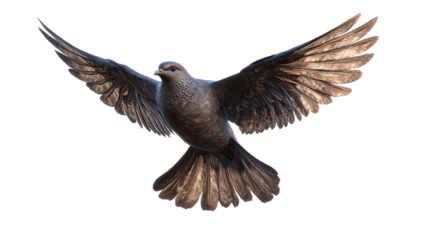 A majestic dove in flight, symbolizing peace and hope, with its bronze-toned feathers and wings spread wide against a pure white background.