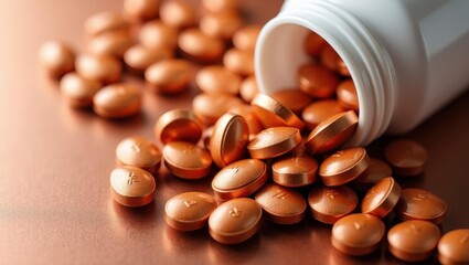 Copper Supplement. Close-up of orange glossy capsules spilling from white plastic bottle on brown wooden surface, healthcare supplement concept for pharmacy, wellness, medicine background with natura