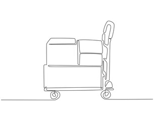 Continuous line drawing of hand trolley for cardboard. Single line illustration of hand truck boxes. Shipment and logistic concept. Editable outline