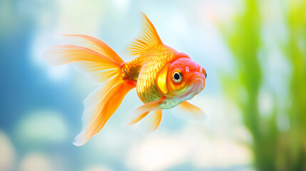 A vibrant goldfish swimming gracefully in a clear aquarium, its golden scales shimmering under the water, creating a peaceful and elegant aquatic scene. goldfish in aquarium, swimm