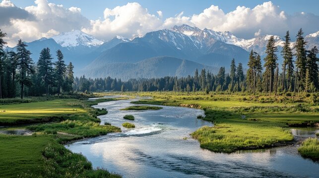 Kashmir hidden paradise: the vast meadows of Pahalgam, a glacial river snaking through, framed by the breathtaking Himalayas.