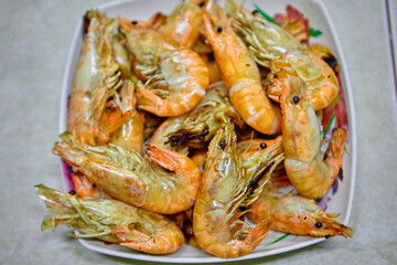 Close-up view of grilled prawns on plate