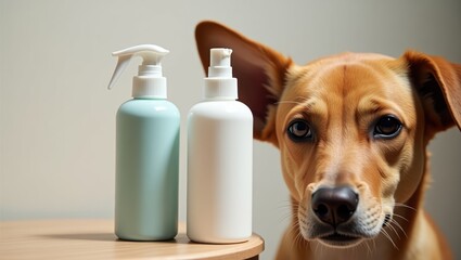 Dog Ear Cleaner. Pet Odor Eliminator Spray wipes hair remover Angry orange toothpaste Tropiclean Bugalugs Supertails Pawfect House Cute brown with alert eyes sitting near blue and white shampoo bottl