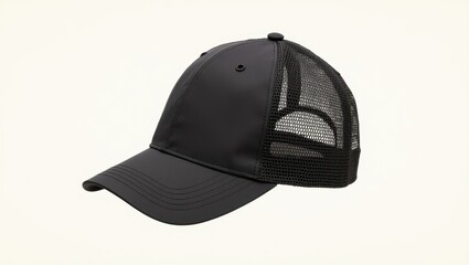 Dog Hat. Black breathable mesh baseball cap with adjustable strap, casual sportswear accessory for outdoor activities, summer style, isolated on white background, minimalistic modern design, trendy h