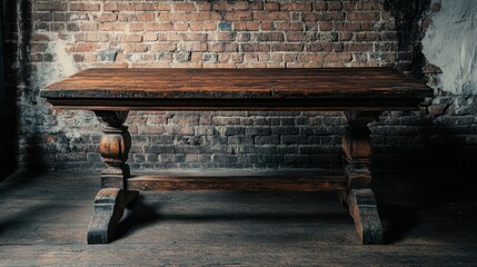 Old wooden table with brick background dark