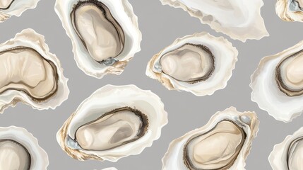 Open oyster Fin de Claire on gray background Pattern