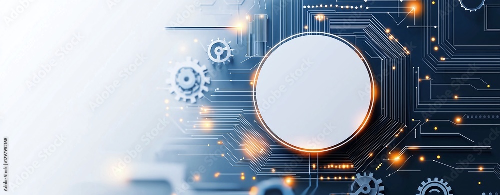 Poster a modern technology background featuring a circuit board design with glowing elements and a blank ci