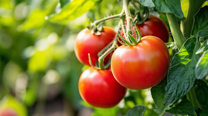 Plump, sun-ripened tomatoes still attached to the vine in a thriving organic garden, radiating freshness and natural beauty.organic tomato plant, fresh garden vegetables, vine-ripe