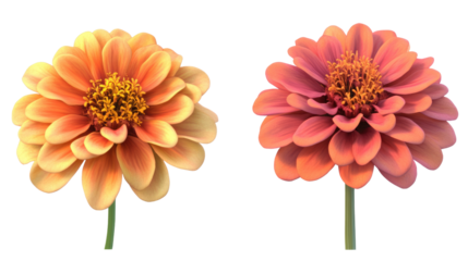 Dual Blooms: A vibrant pairing of two zinnia flowers, showcasing a spectrum of warm, inviting colors, their delicate petals and detailed textures captivate, isolated against a clean backdrop. 