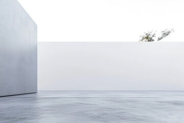 Obraz premium Modern minimalistic space with white walls and concrete floor under bright daylight