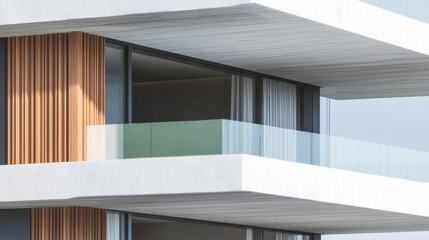 Naklejka premium Modern architectural design showcasing balconies and sleek lines in urban setting