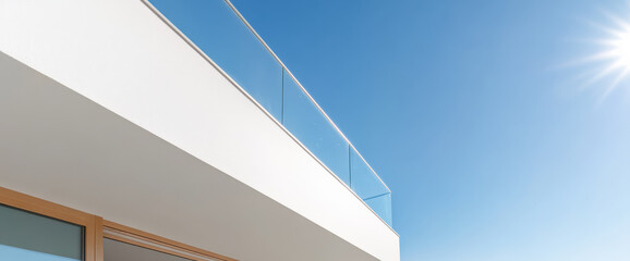 Bright sunny day over modern building with glass railing and clear blue sky