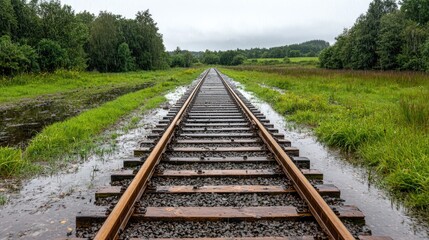 Fototapeta premium Flooded railway track disappearing into lush green landscape