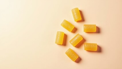 Glucosamine Gummies. Yellow soap bars with smooth texture, stacked and scattered on soft beige background, ideal for beauty, skincare, hygiene, wellness themes, spa, natural products, clean and fresh