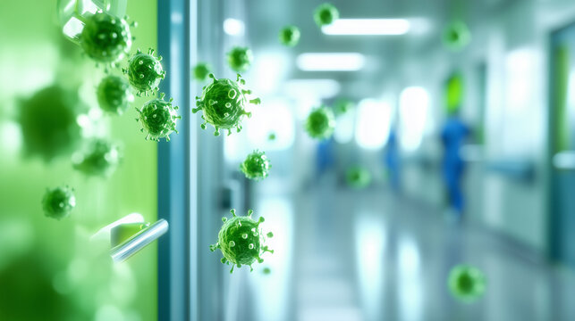 The number 2025 created from bacteria drifting through the sterile environment of a hospital corridor, representing the potential of future medical discoveries and the ongoing figh