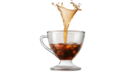 Coffee Cascade: A transparent glass cup fills with an invigorating coffee cascade, the dynamic flow of the liquid forming an eye-catching splash
