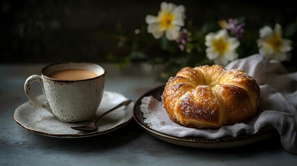 High-resolution photography of a single Kouign Amann with its golden, sugar-crusted exterior, paired with a cup of coffee and a linen napkin