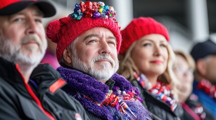 Fototapeta premium Mature man in a festive red hat and purple scarf watches an outdoor event with other spectators.