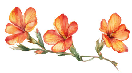 Fototapeta premium Artistic Flower Display: A vibrant painting showcases three orange flowers blossoming on delicate stems, their petals bursting with color and life. 