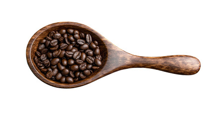 Fototapeta premium Coffee Beans in Wooden Spoon: High-angle view of a rustic wooden spoon brimming with roasted coffee beans, exuding aroma and rich texture.