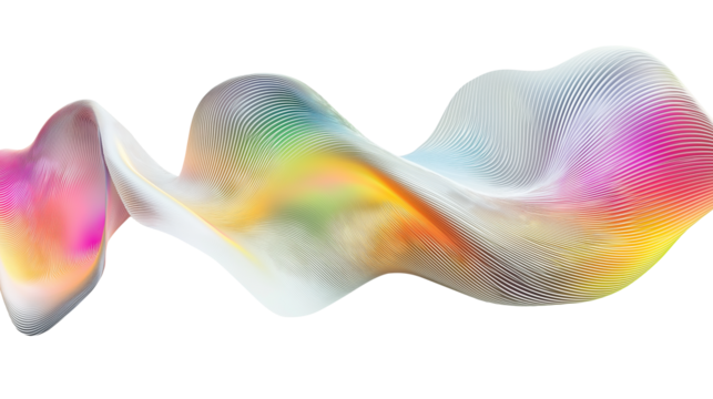 Holographic wave fluid with vibrant gradient colors and smooth dynamic flow, abstract digital art with futuristic energy and motion on transparent background cutout